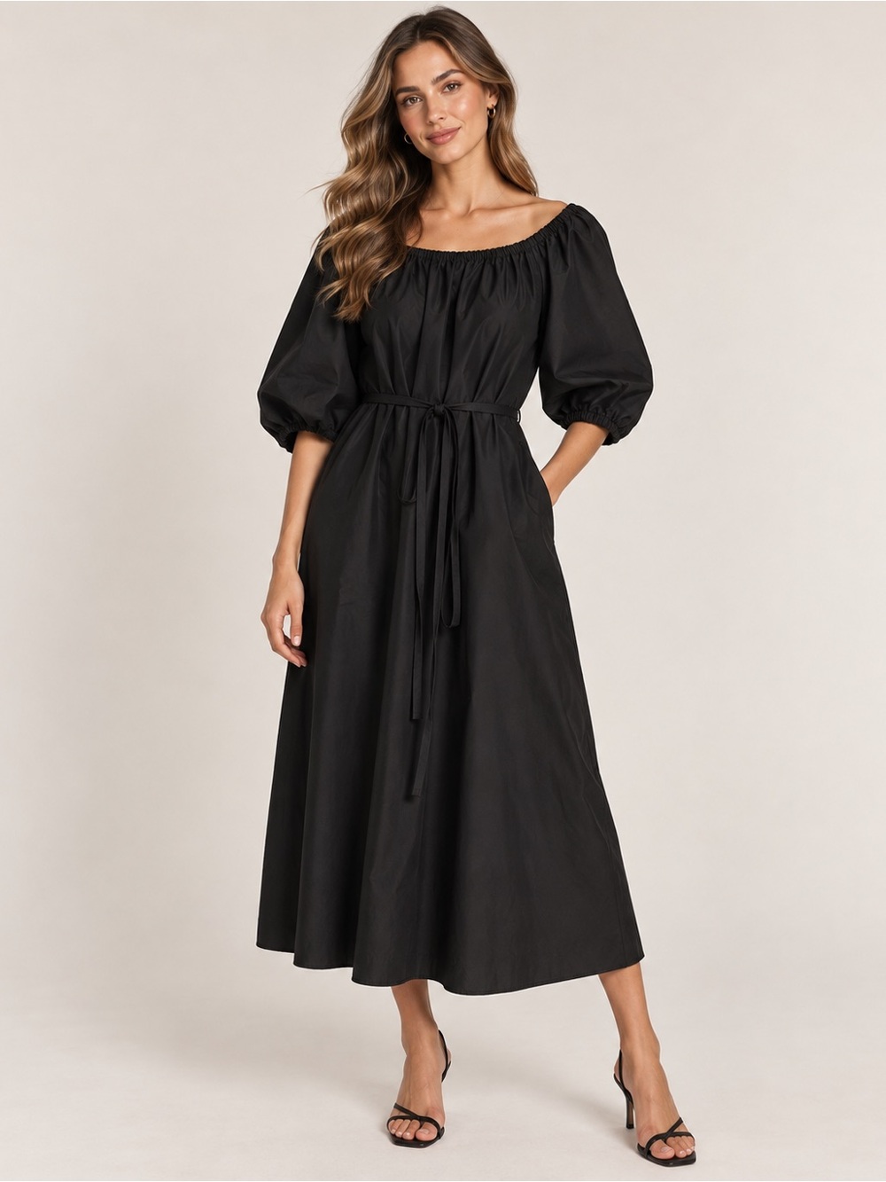 Beymen Club Black Puff Sleeve Belted Midi Dress Size 36
